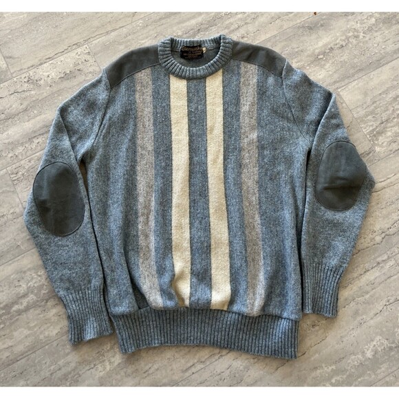 Vtg Glenhusky Of Scotland Mens Pure Wool Shetland Sweater XL Suede Patches - Picture 1 of 11